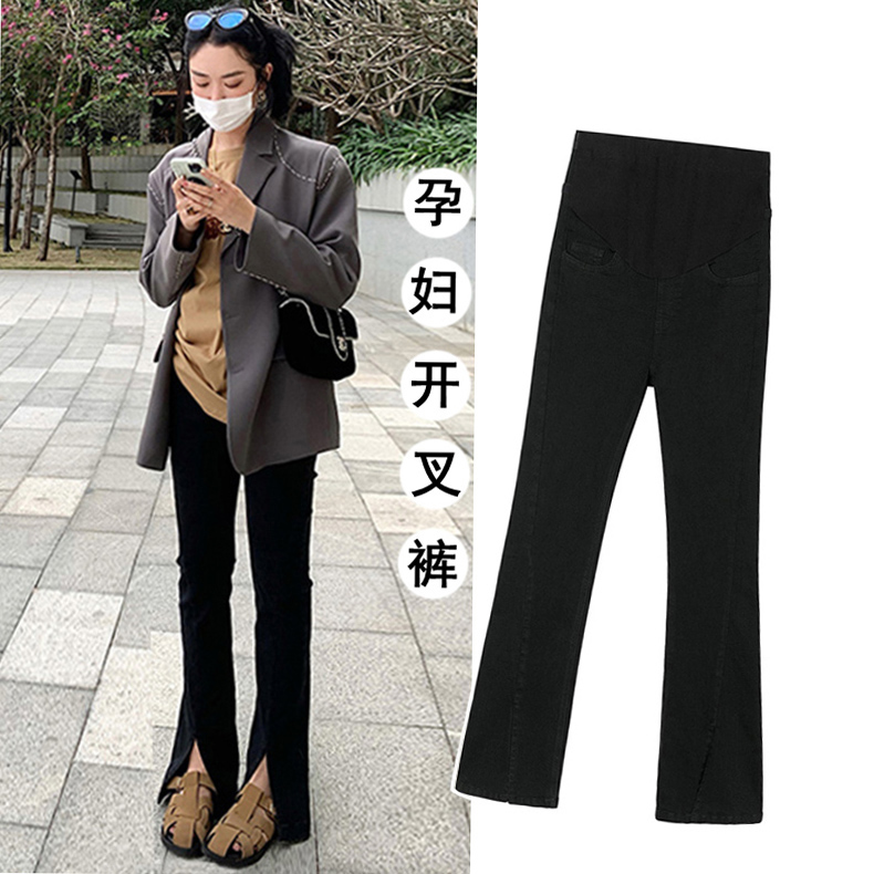 孕妇裤子2023辣妈小众开叉孕牛仔裤外穿黑色显瘦拖地微喇叭裤秋冬