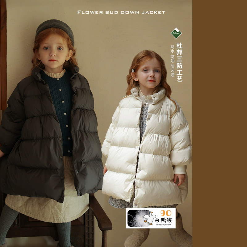 （现货）秋冬女童杜邦三防90白鸭绒长款羽绒服 加厚中长款外套