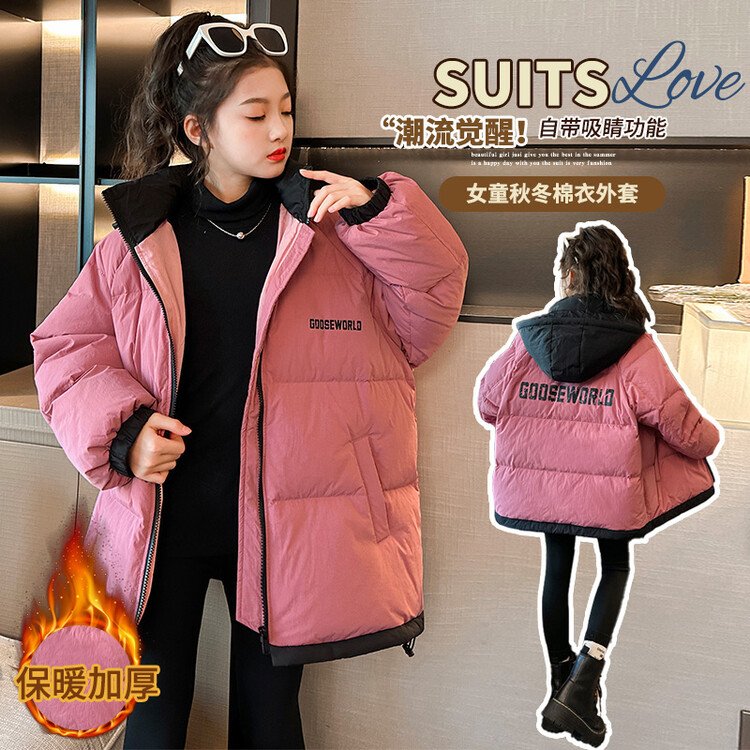 女童棉服冬装新款洋气儿童装加厚棉衣女大童冬季连帽棉袄外套