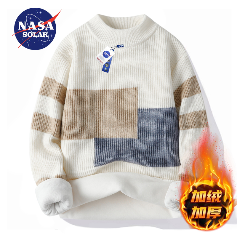 NASA SOLAR撞色毛衣男冬季加绒加厚潮牌针织衫高级感慵懒保暖上衣