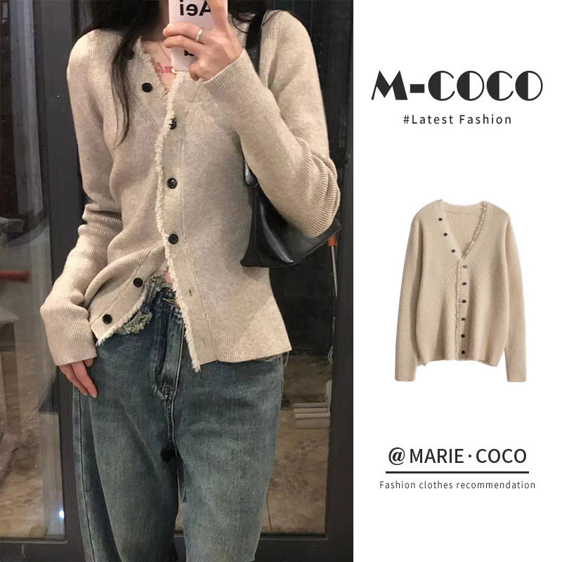 双面女神V领针织打底开衫女秋冬外套设计感甜辣微胖不臃肿针织衫