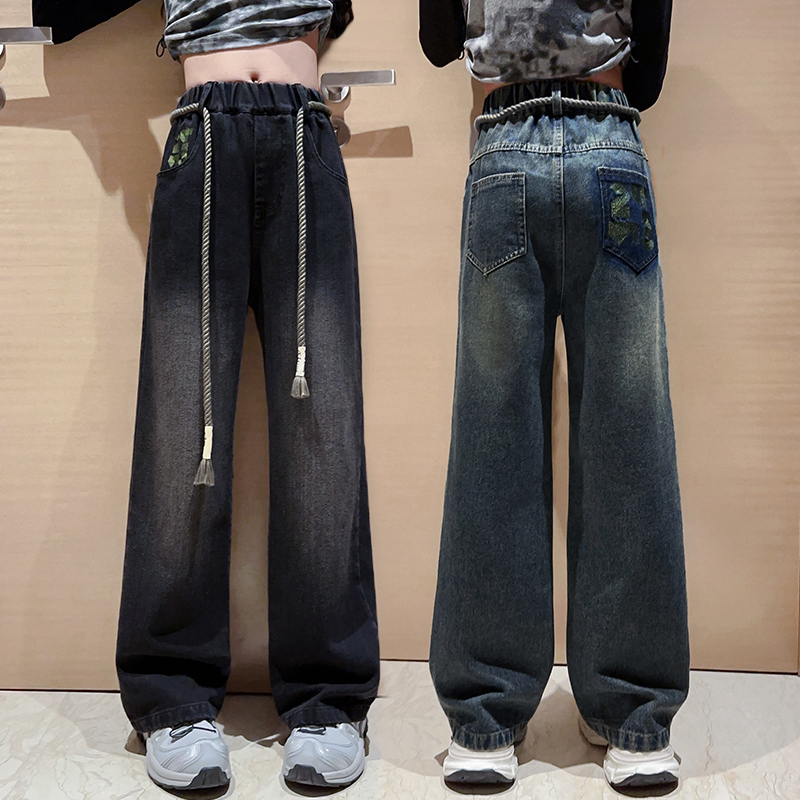 女童牛仔裤春秋款2023新款儿童洋气休闲阔腿长裤大童秋装复古裤子