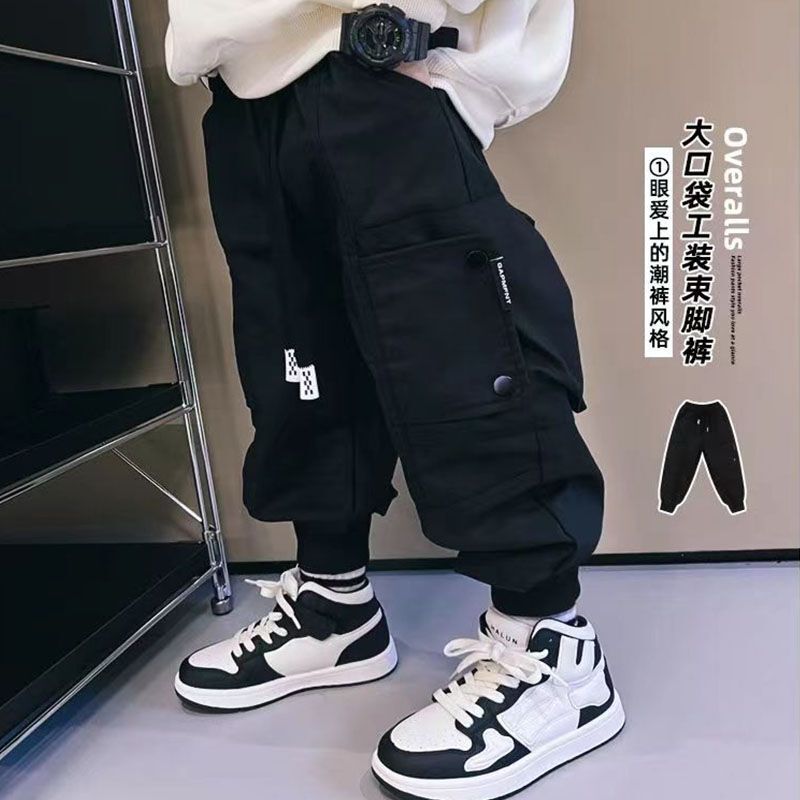 8331#男童裤子春秋款2023款中大童宽松时尚工装裤韩版洋气束脚裤