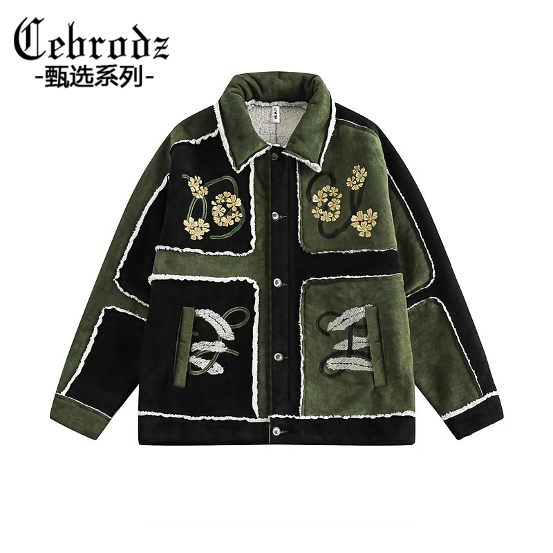 Cebrodz潮牌撞色拼接设计感翻领棉衣男士复古秋冬季保暖百搭外套
