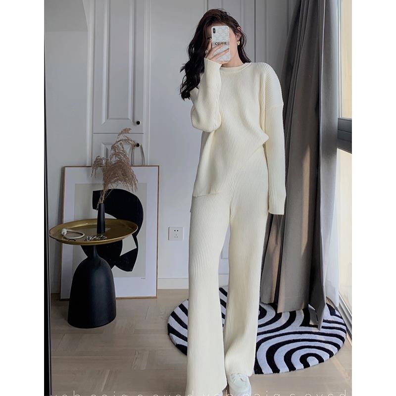 秋季白色毛衣套装女士加厚冬针织阔腿裤两件套外穿法式毛衫配大衣