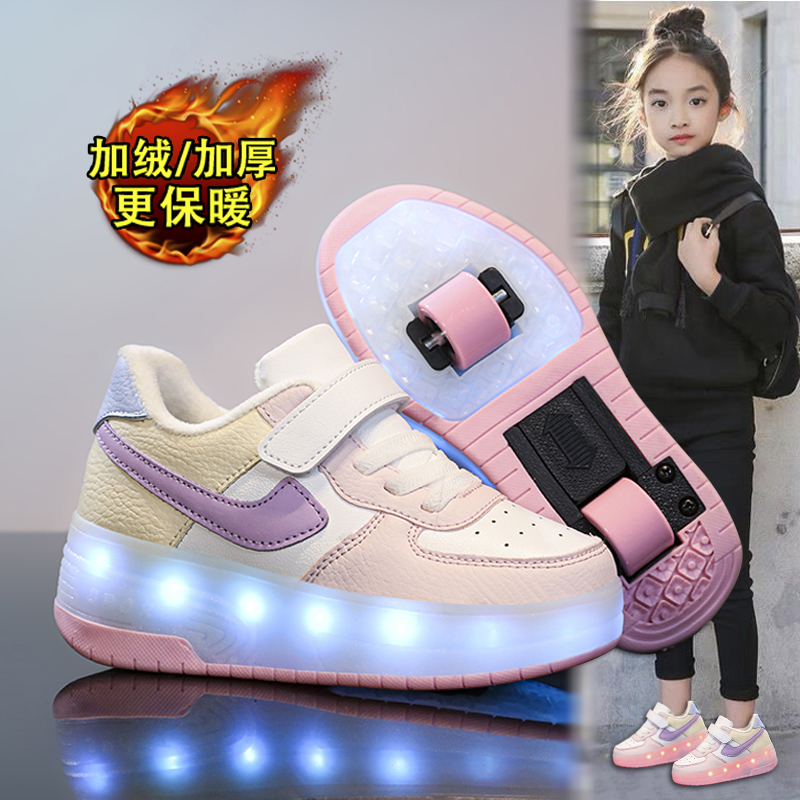 回力潮品女童鞋暴走鞋加绒秋冬儿童运动鞋发光运动鞋子滑轮溜冰鞋