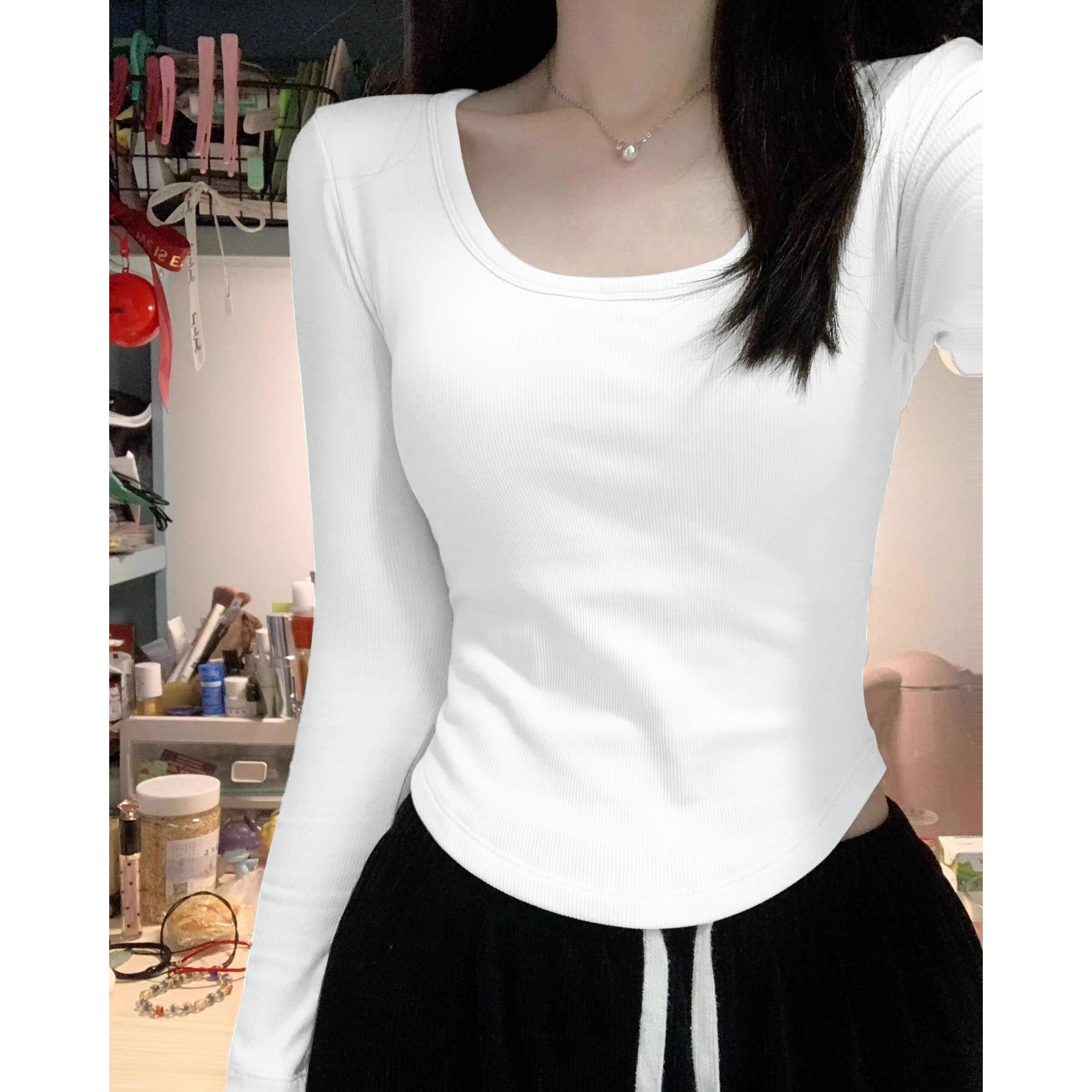 2024春秋新款打底小衫长袖t恤女显瘦修身高级感内搭白色短款上衣