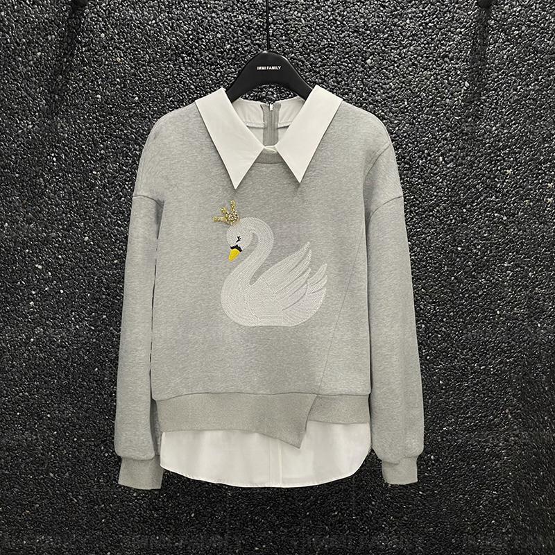 【天鹅】2023秋冬新款卫衣女长袖纯色衬衫背心两件套加绒卫衣小美