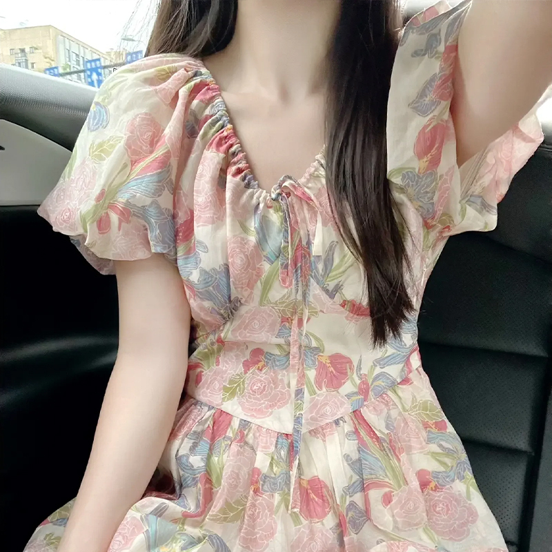 2024早春季高级感法式泡泡袖碎花连衣裙气质显瘦长裙子女夏季C249
