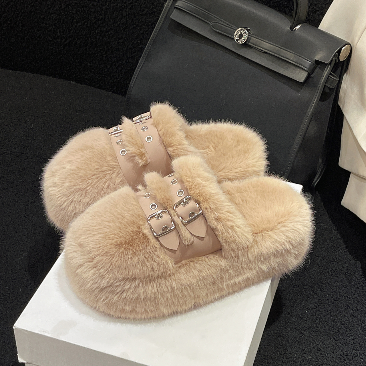 回力瑞网红毛毛拖鞋女2023秋冬新款ins潮厚底保暖家居包头半拖鞋