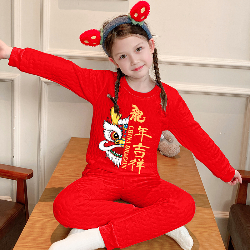 空气棉红色女童夹棉内衣套装三层加厚加绒儿童秋冬中大童秋衣秋裤