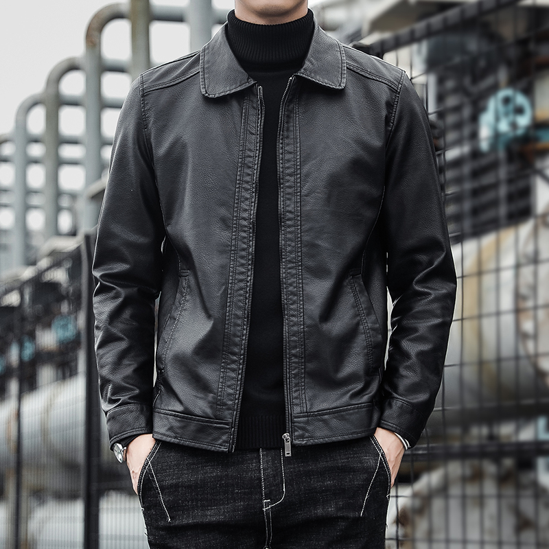 传奇保罗2024新品上衣皮夹克男士秋冬皮衣轻商务休闲方领时尚黑色