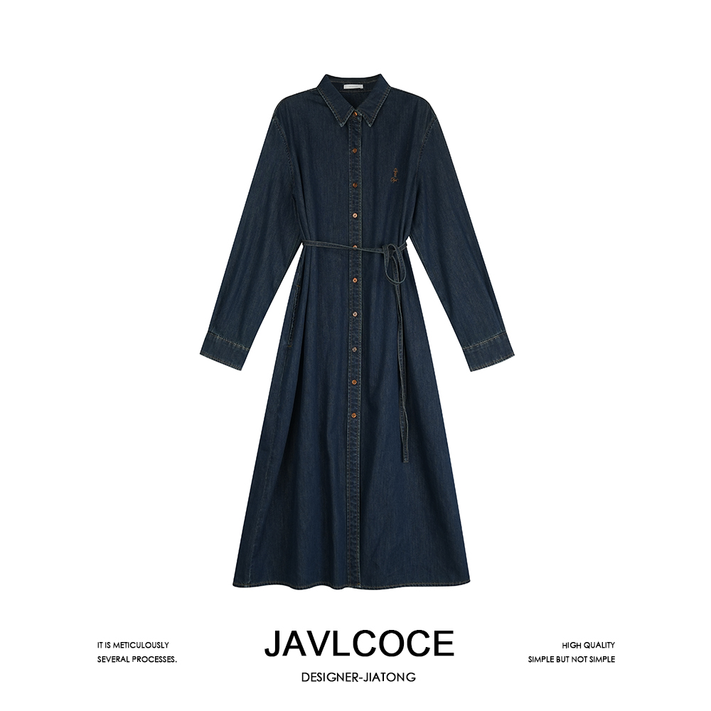 JAVLCOCE「摩登女郎」休闲设计感小众牛仔衬衫裙女士收腰连衣长裙