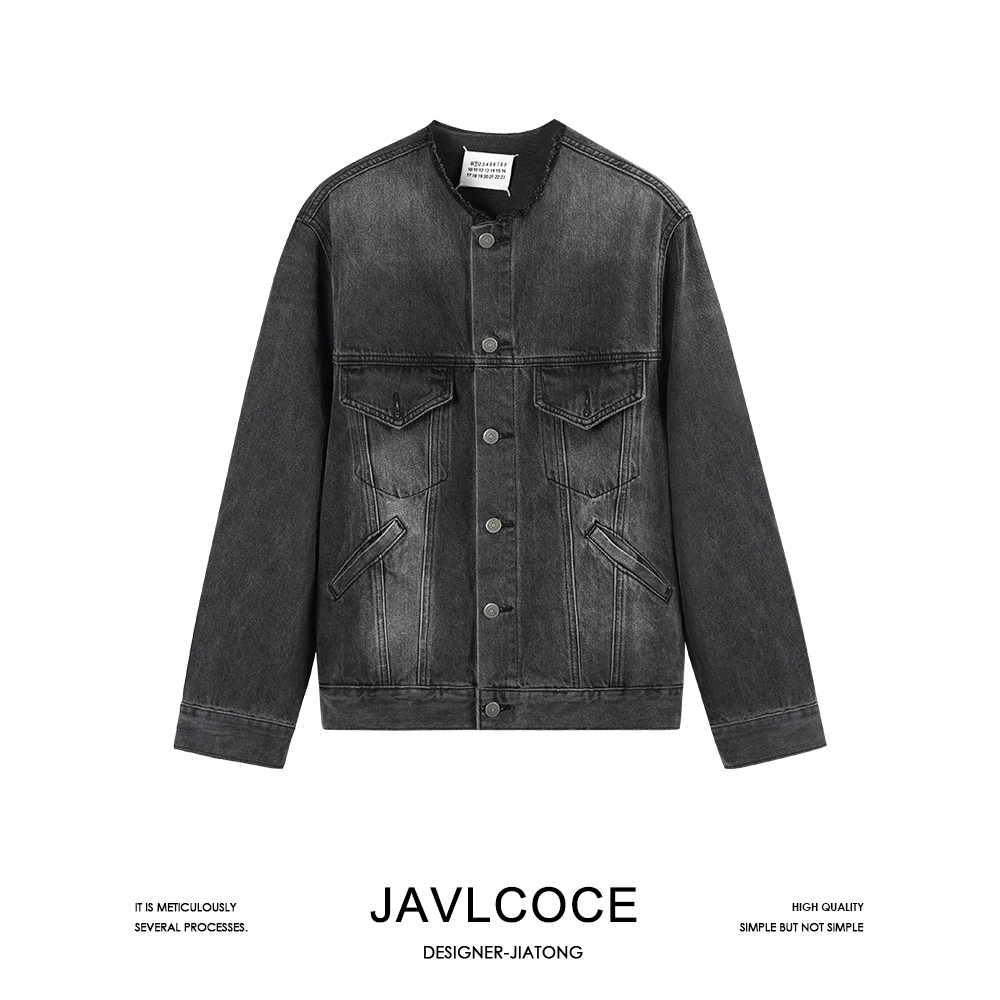 JAVLCOCE/娇可可定制款无领黑色牛仔外套港味复古毛边圆领上衣