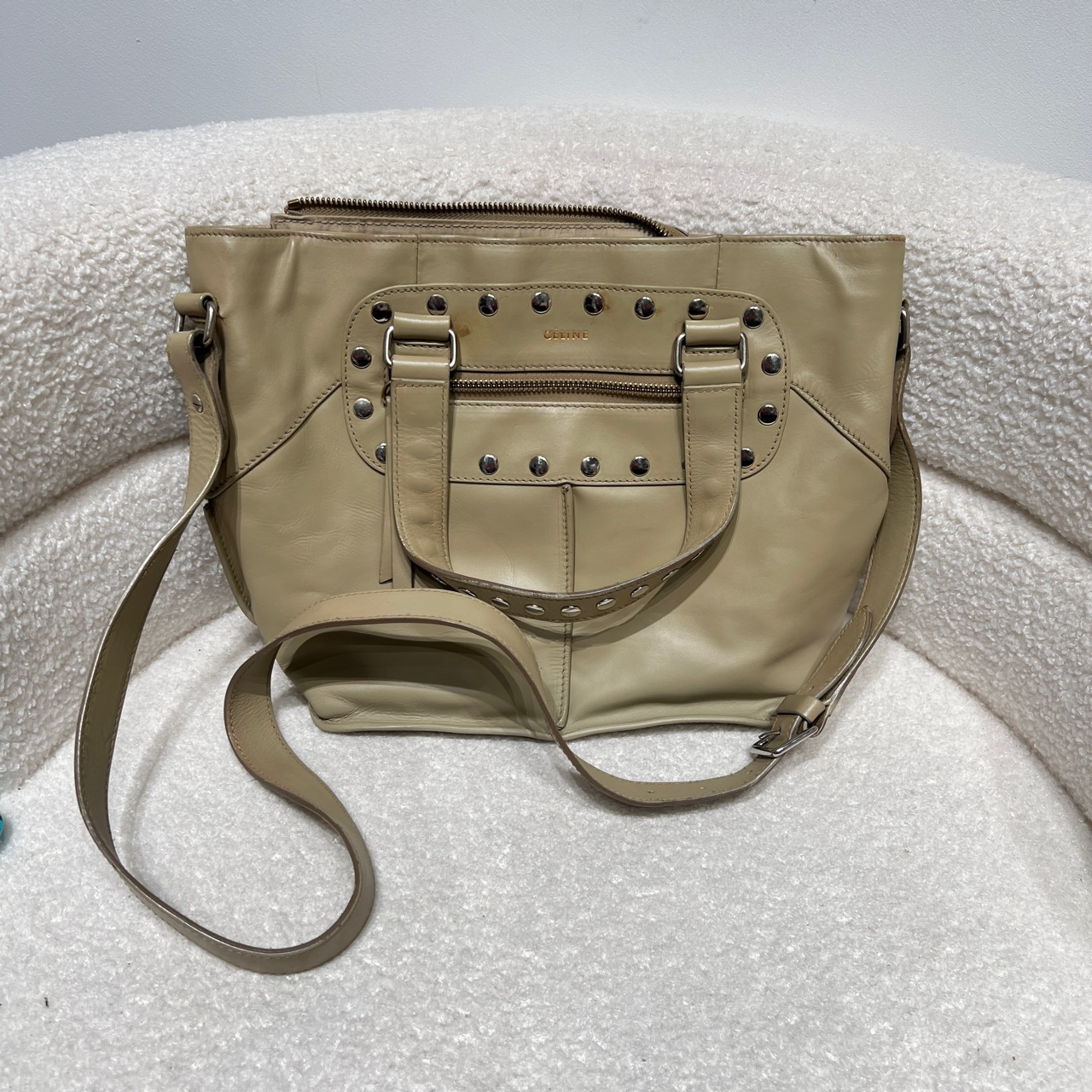 90新 Celine/思琳 卡其色手提单肩斜挎包