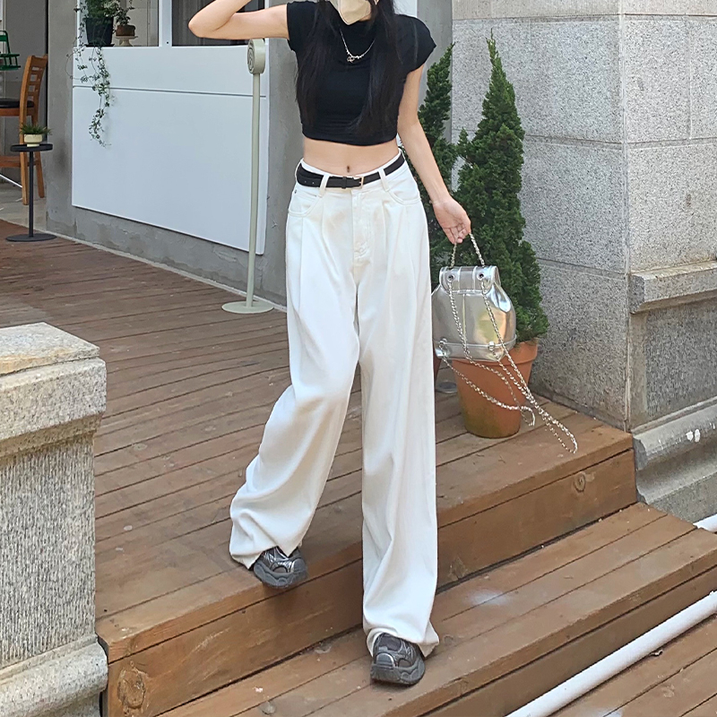 高腰白色阔腿牛仔裤女夏薄款2024新款垂坠感宽松直筒显瘦拖地裤子