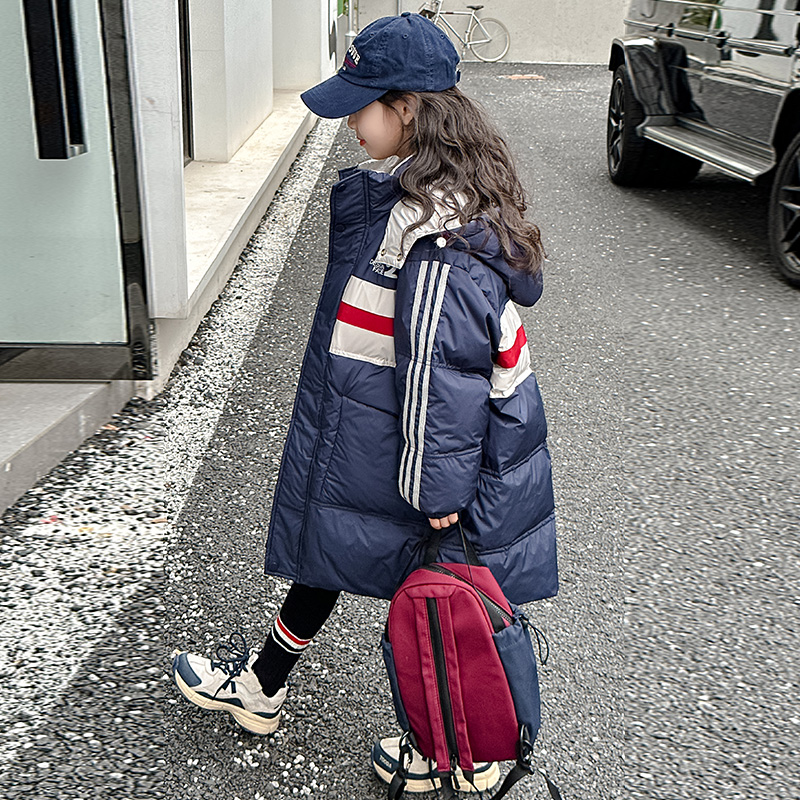 女童拼色羽绒服2023新款中大儿童洋气女孩冬装连帽加厚白鸭绒外套