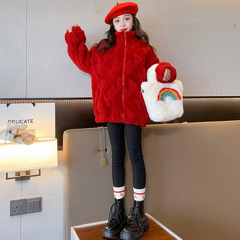 女童毛毛衣外套红色本命年2023新款洋气女孩冬装保暖厚外套中大童