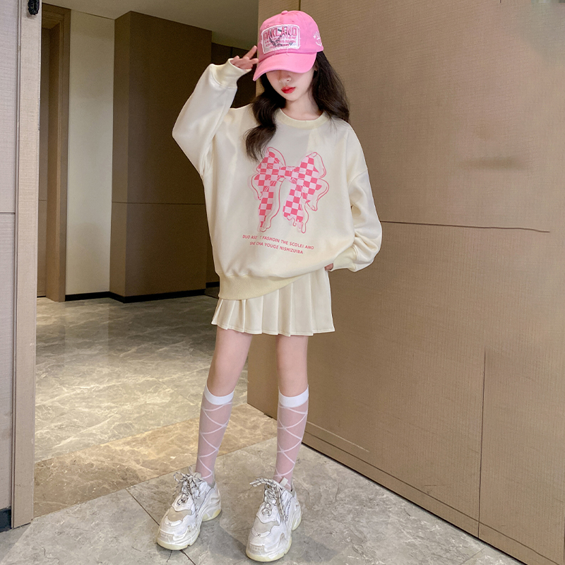 女童百褶裙套装春秋洋气2023新款儿童蝴蝶结卫衣两件套裙子中大童