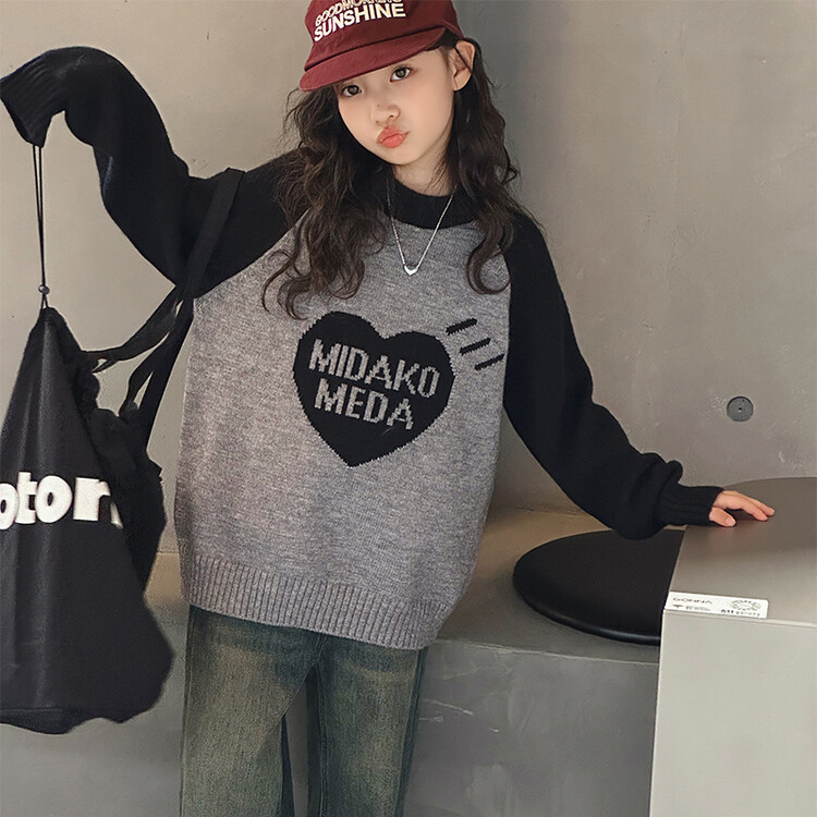 女童插肩袖拼色毛衣圆领套头2023新款中大儿童秋冬季针织衫打底衣