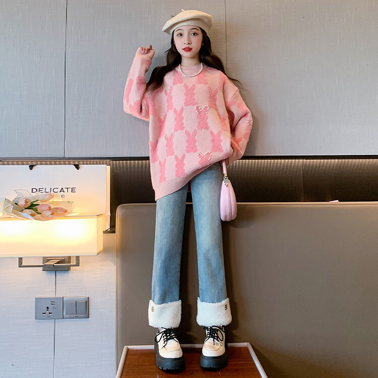 女童毛衣秋冬季加厚2023新款中大儿童甜美女孩时尚洋气针织毛线衣