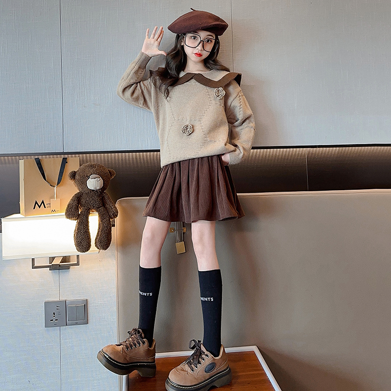 女童拼色娃娃领毛衣2023春秋新款韩版中大儿童套头毛线针织衫甜美