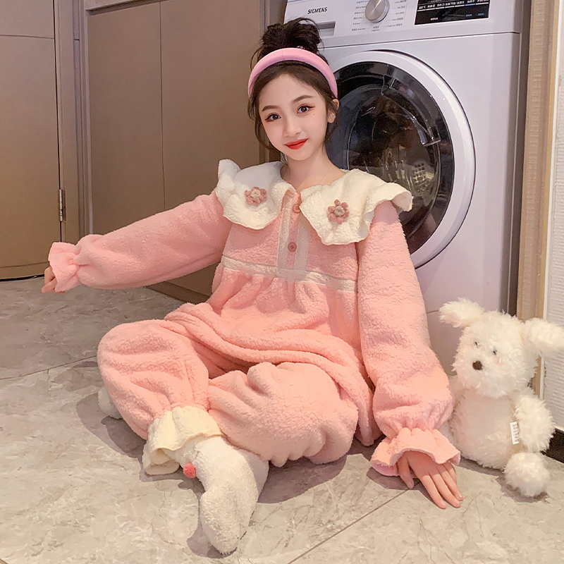 女童娃娃领珊瑚绒睡衣秋冬中大儿童甜美小女孩法兰绒家居服可外穿
