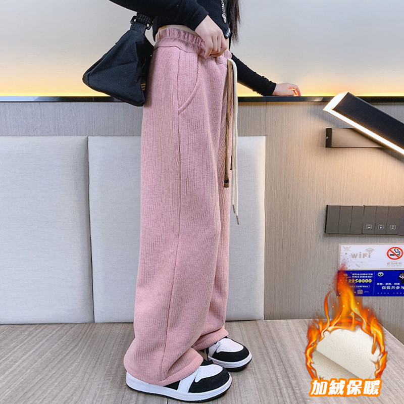 女童直筒阔腿裤加绒加厚冬季外穿长裤2023新款中大儿童宽松休闲裤