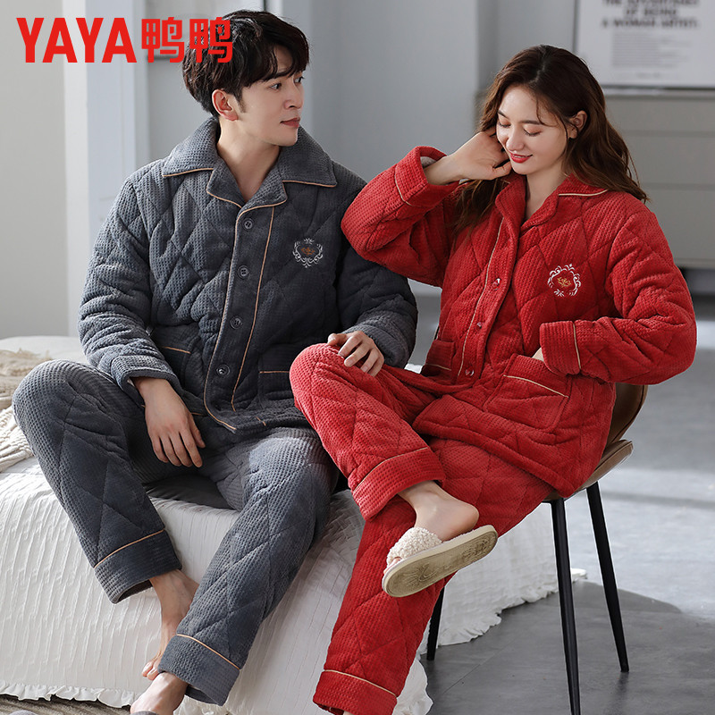 鸭鸭珊瑚绒情侣睡衣冬季加绒加厚秋冬款三层夹棉保暖家居服套装