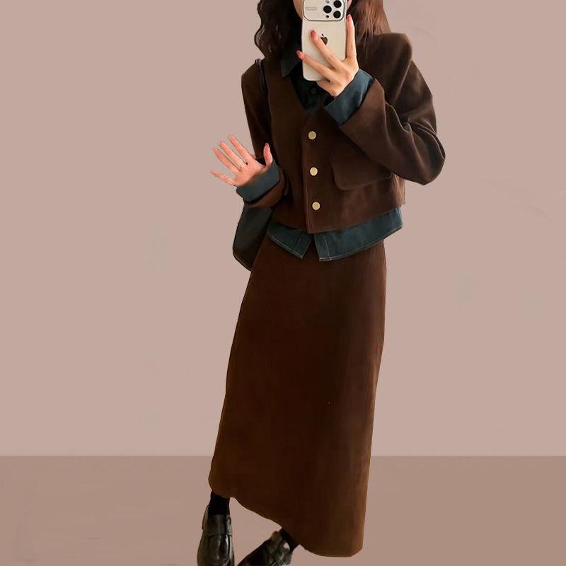 时尚套装裙女2024年春秋季新款洋气质牛仔拼接外套半身裙两件套潮