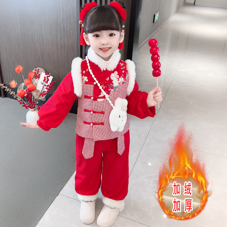 汉服冬装女童拜年服中国风儿童唐装套装加厚过年宝宝周岁新年礼服