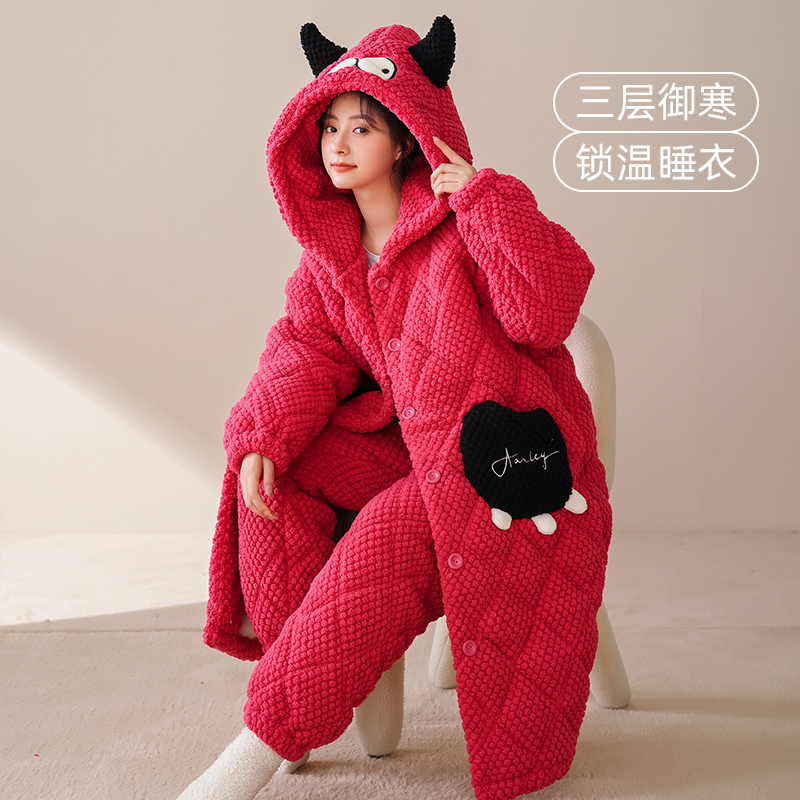 睡衣女冬款三层夹棉珊瑚绒长款睡袍2023新款保暖法兰绒家居服套装
