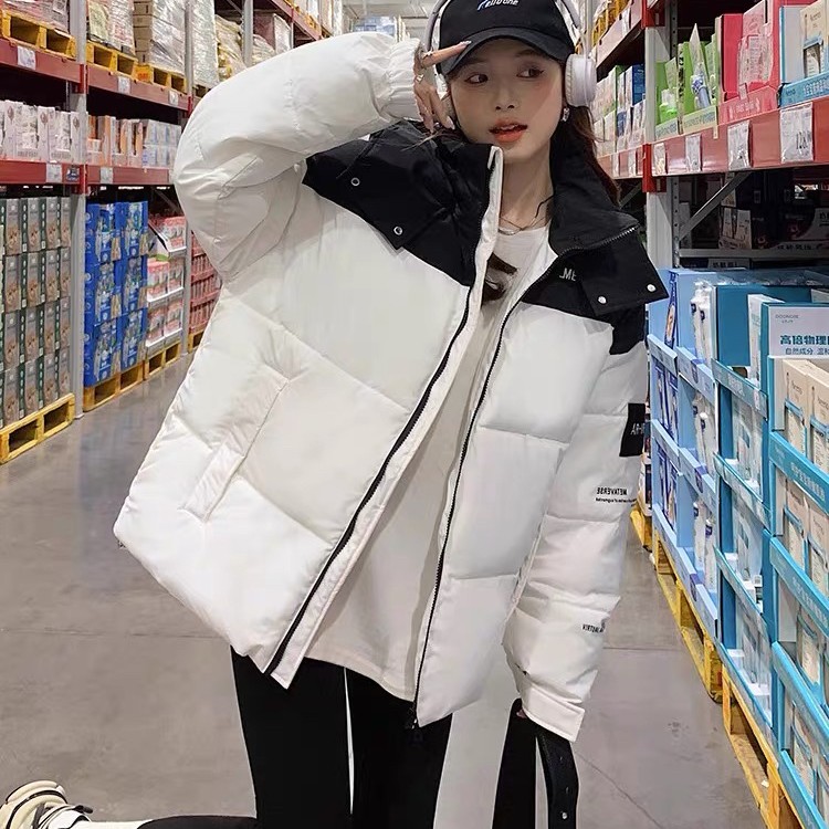 新疆包邮-D141#拼色新款韩版连帽宽松时尚百搭羽绒服休闲