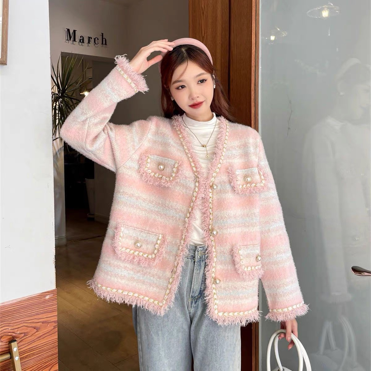 新疆包邮-XF059#开衫小香风针织甜美秋冬百搭宽松时尚洋气气质