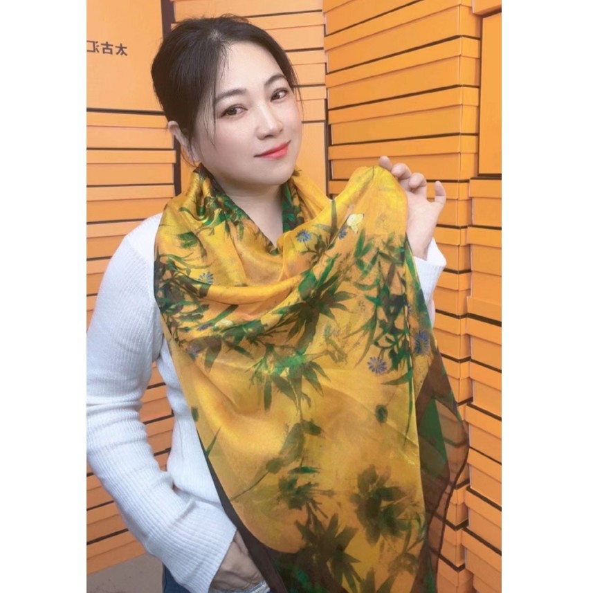 SS 02百搭长款披肩黄色印花沙滩巾长巾时尚绿色夏季国风双面