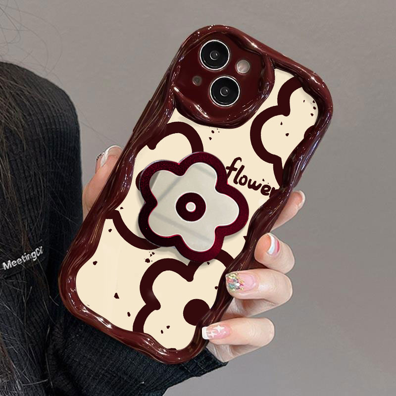 花朵镜子支架苹果15华为OPPO小米vivo曲边纹iPhone14/13/12手机壳