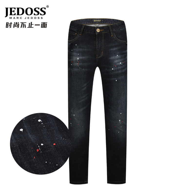 JEDOSS/爵迪斯男装新款字母胶印抓痕泼墨修身牛仔裤长裤时尚潮流