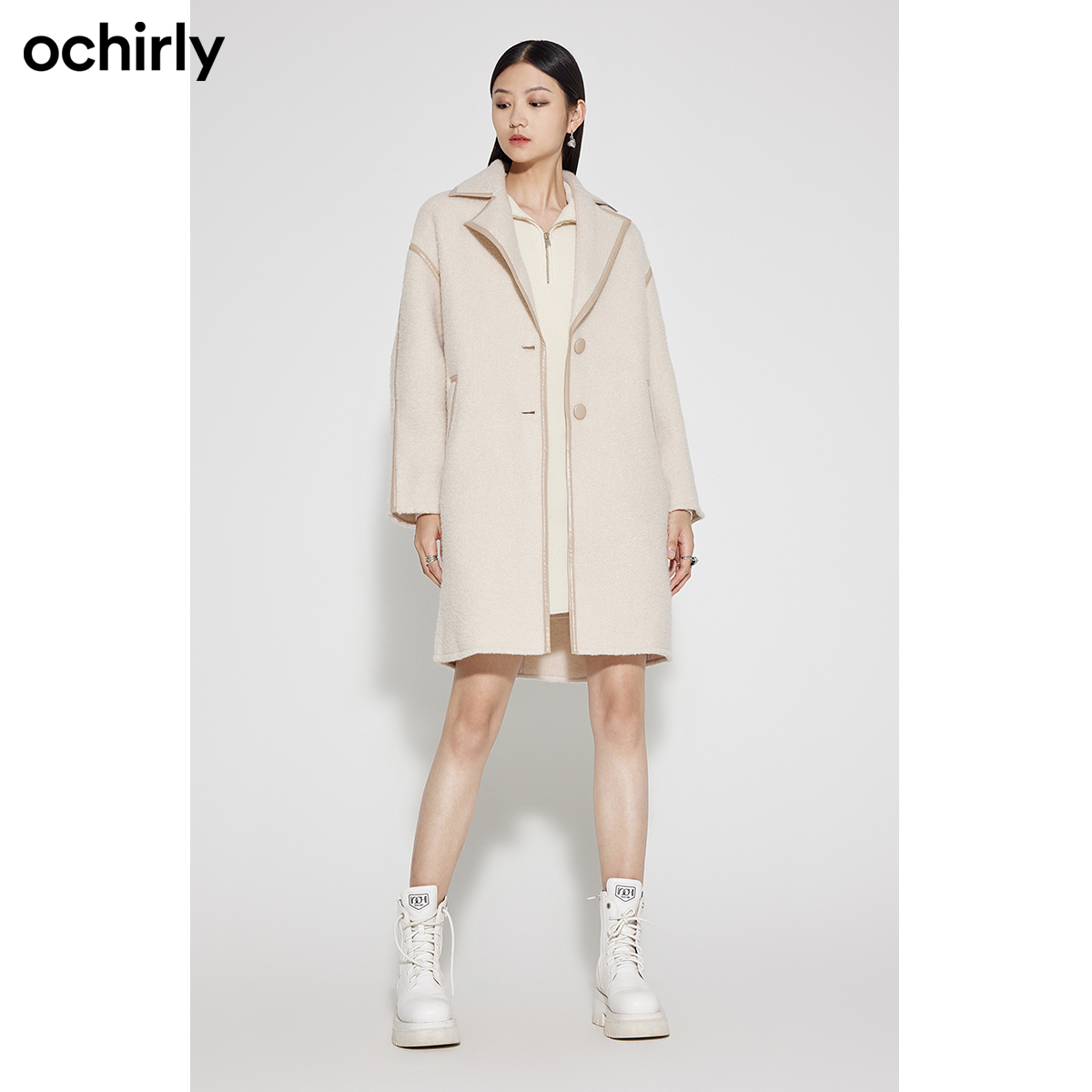△欧时力 羊毛呢子廓形大衣女 西装驳领仿皮边通勤