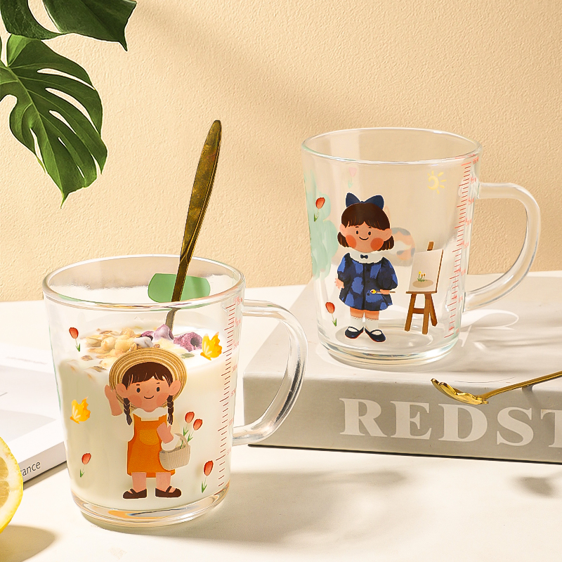 油画女孩复古花花女孩玻璃水杯可爱马克杯家用玻璃耐热早餐牛奶杯