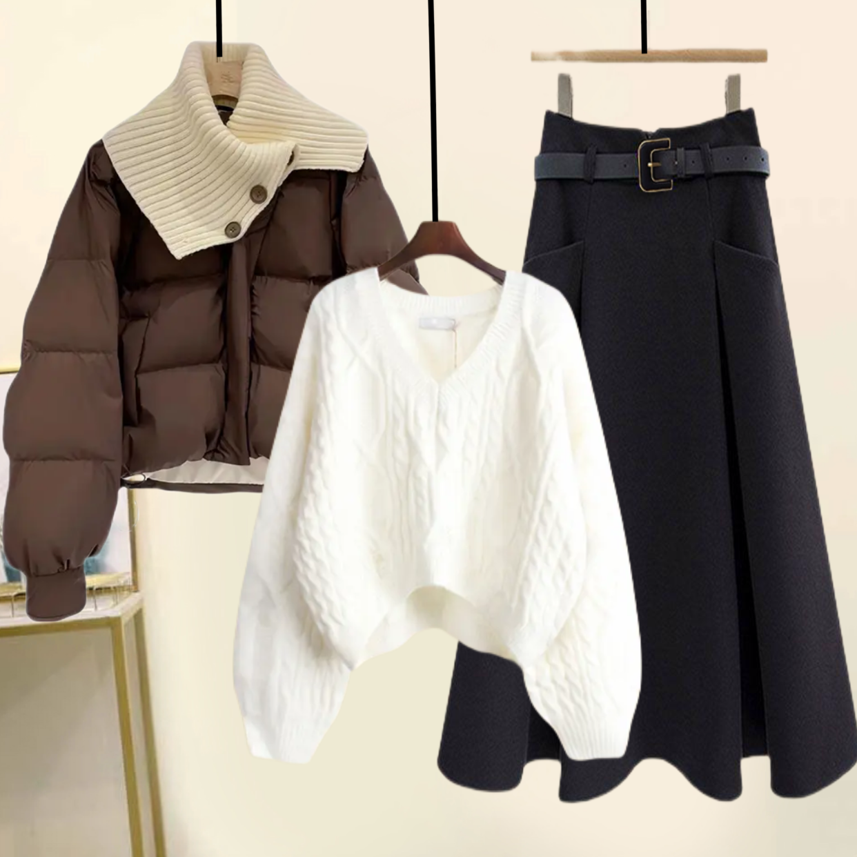 2023新款秋冬套装裙针织领棉服女外套慵懒风毛衣百搭半身裙三件套