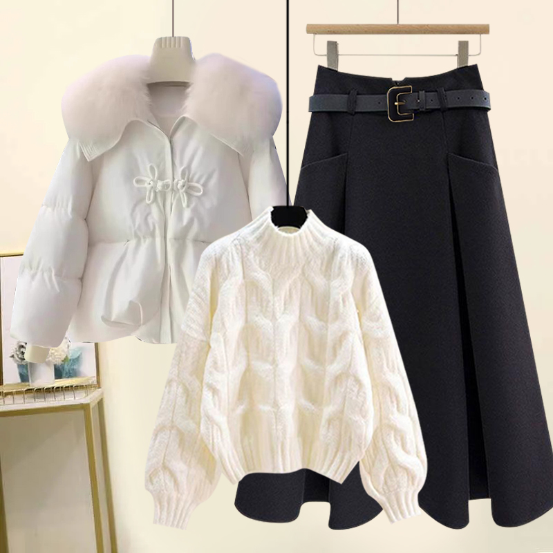 2023新款冬季套装裙女国风保暖棉服针织毛衣上衣百搭半身裙三件套