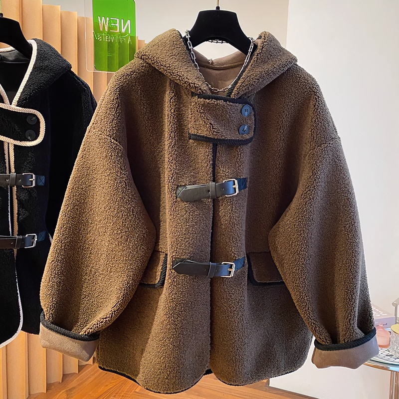 欧洲站宽松显瘦连帽颗粒绒外套女大码微胖MM加厚保暖皮毛一体外套