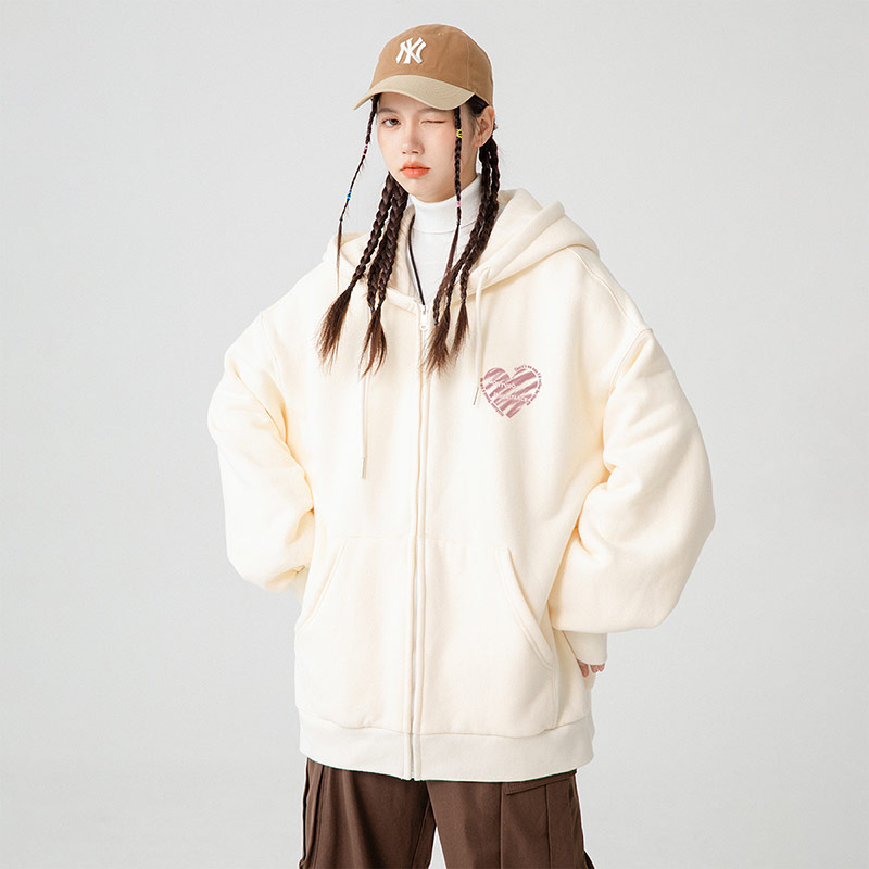 迈特优加绒连帽爱心休闲开衫春秋卫衣印花ins秋冬外套xhc