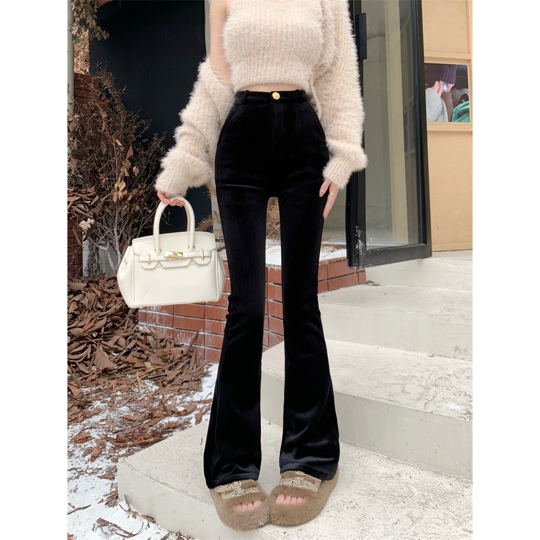 超柔软糯加绒高腰阔腿裤女秋冬垂感休闲微喇叭直筒黑色裤子显瘦