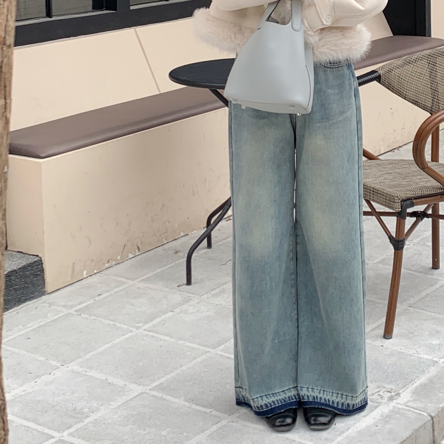 【赵小小yimao】7267加绒加厚高腰秋冬浅蓝色阔腿裤女宽松ins牛仔裤