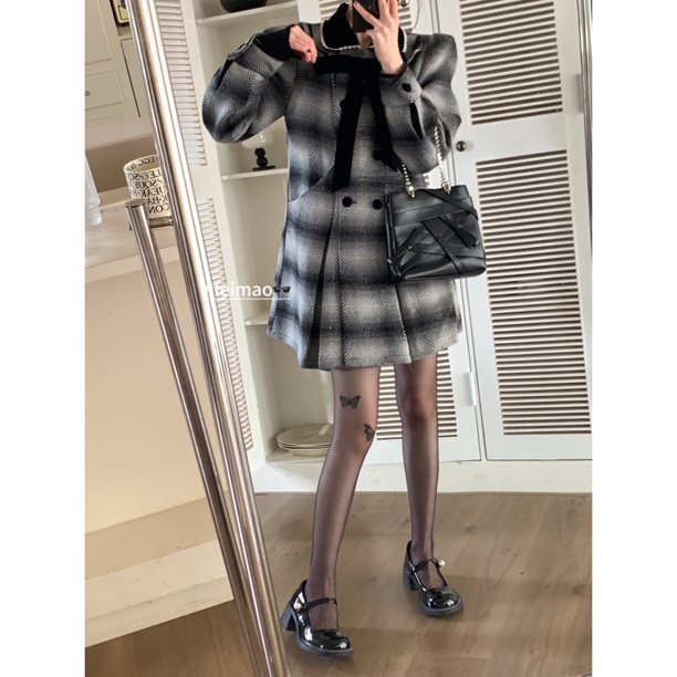 【赵小小yimao】2056韩版洋气蝴蝶结领双排扣拼色气质呢子外套时尚