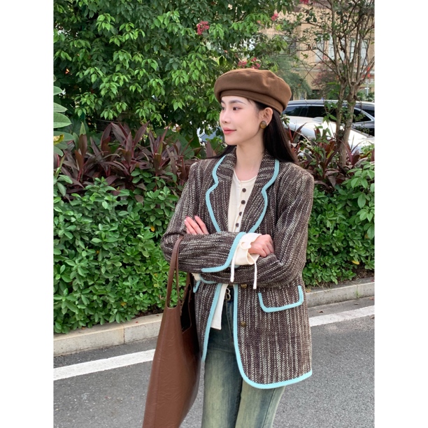 【白白-啊萍推荐！】1795 复古港风V领竖条纹撞色排扣灰色毛呢外套