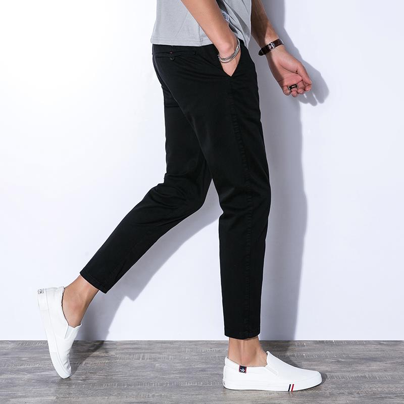 时尚黑色九分裤男秋冬季 弹力修身显瘦棉青年男士烟管裤子9分休x