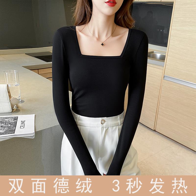 黑色方领德绒打底衫女内搭长袖年春秋冬加绒加厚保暖上衣洋气