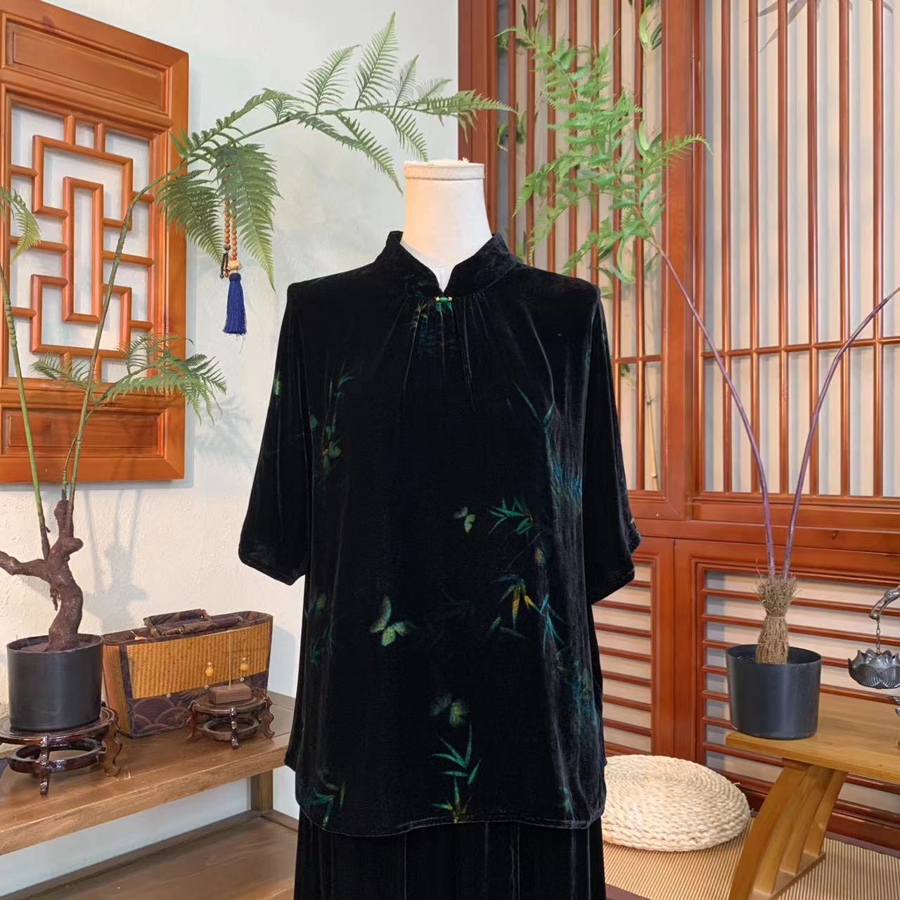 江南凤羽【雅月竹烟】轻中式立领显瘦桑蚕丝丝绒短袖上衣FY1625-1